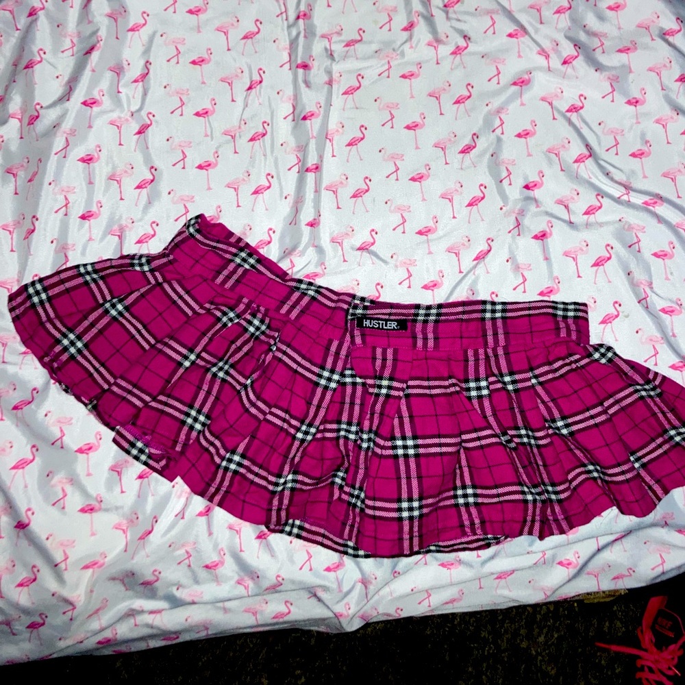Sexy hot Pink and black and white plaid mini Hustler stripper skirt.